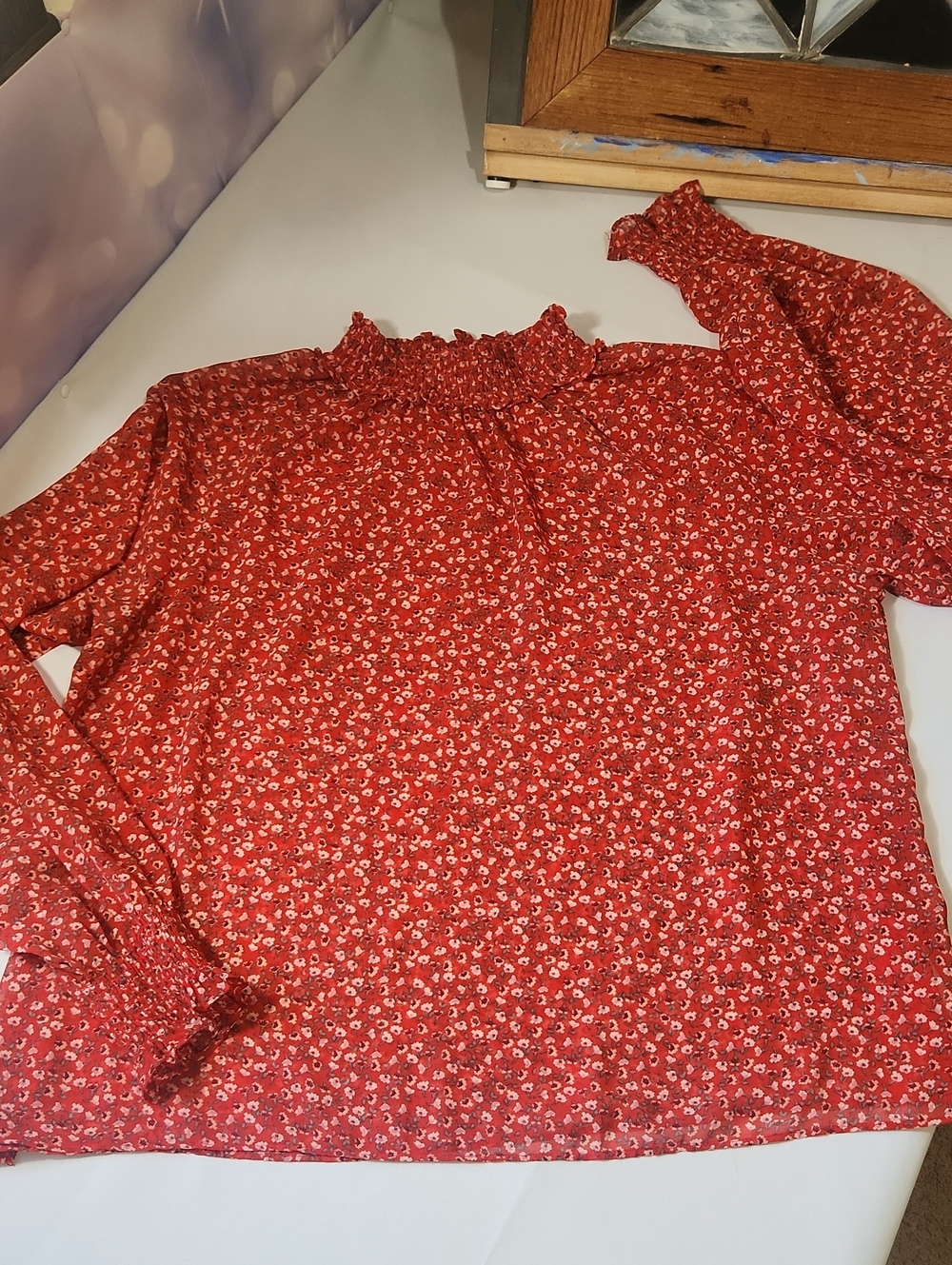 GAP Red Floral Smocked Neck Long-Sleeve Sheer Blouse